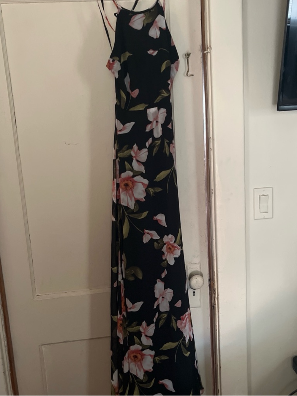 Lulu's Black Floral Halter Maxi Dress with Pink & Green Blooms